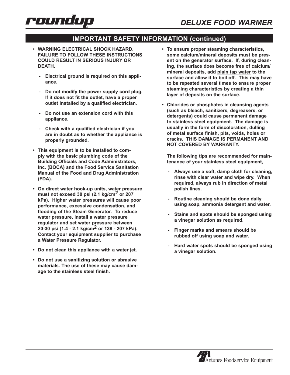 Deluxe food warmer, Important safety information (continued) | Antunes, AJ Series 9100100 User Manual | Page 5 / 36