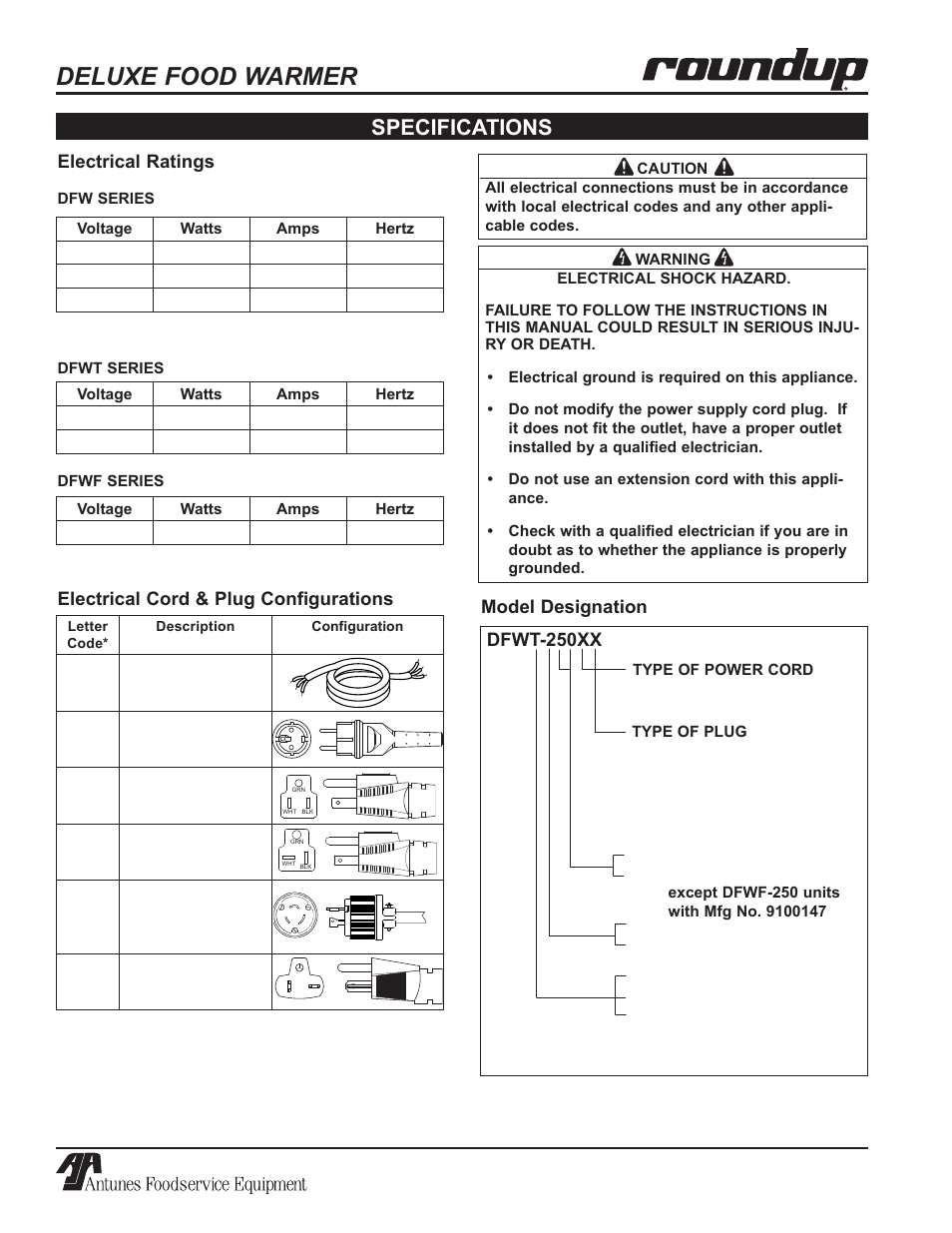 Deluxe food warmer, Specifications | Antunes, AJ Series 9100100 User Manual | Page 6 / 36