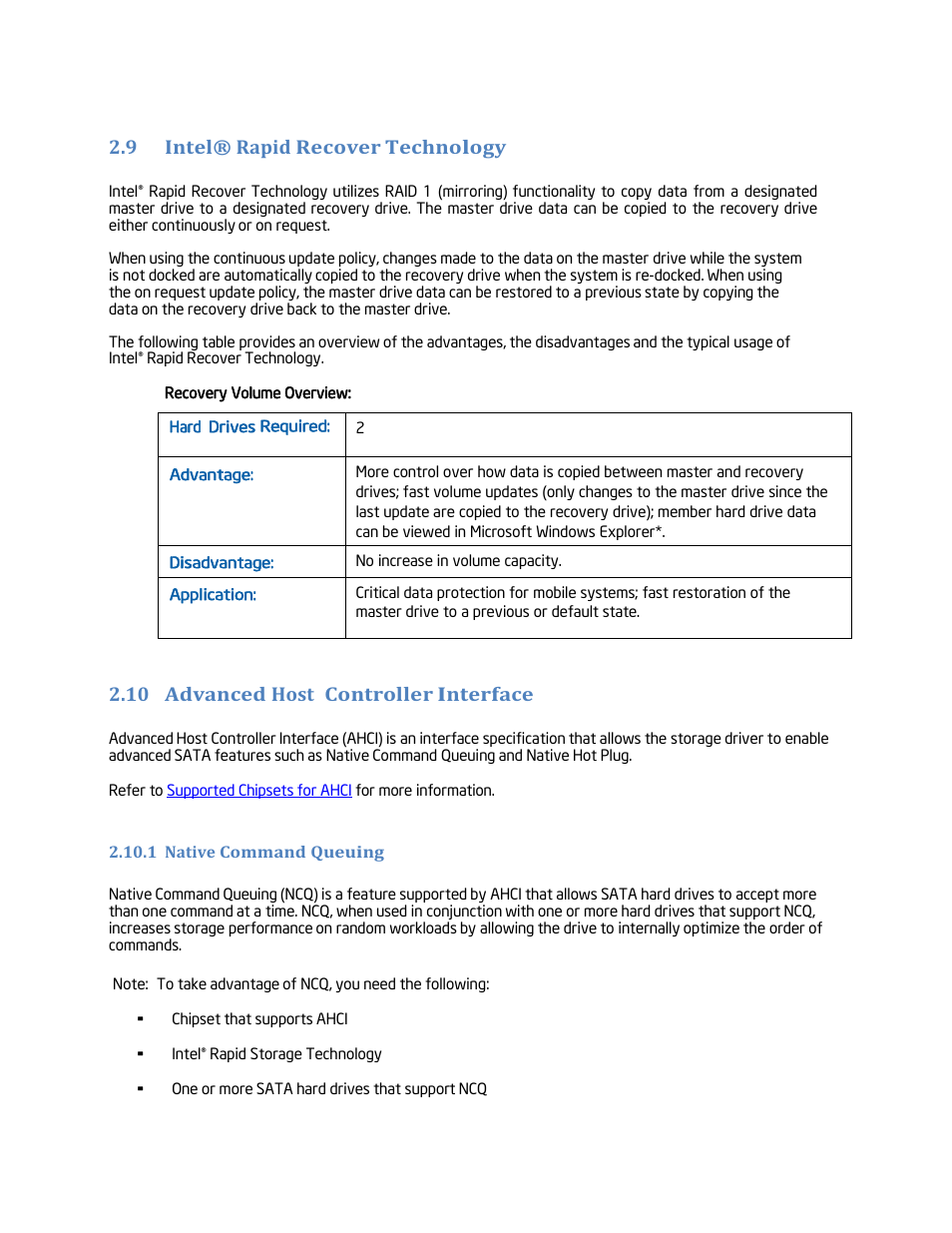 Intel® rapid recover technology, 10 advanced host controller interface, Native command queuing | 9 intel® rapid recover technology | chiliGREEN Home Server: Intel Rapid Storage Technology User Manual | Page 12 / 36