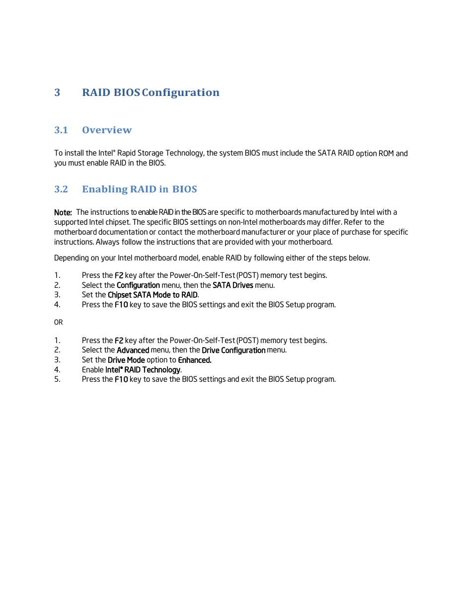 Raid bios configuration, Overview, Enabling raid in bios | 3raid bios configuration, 1 overview, 2 enabling raid in bios | chiliGREEN Home Server: Intel Rapid Storage Technology User Manual | Page 14 / 36