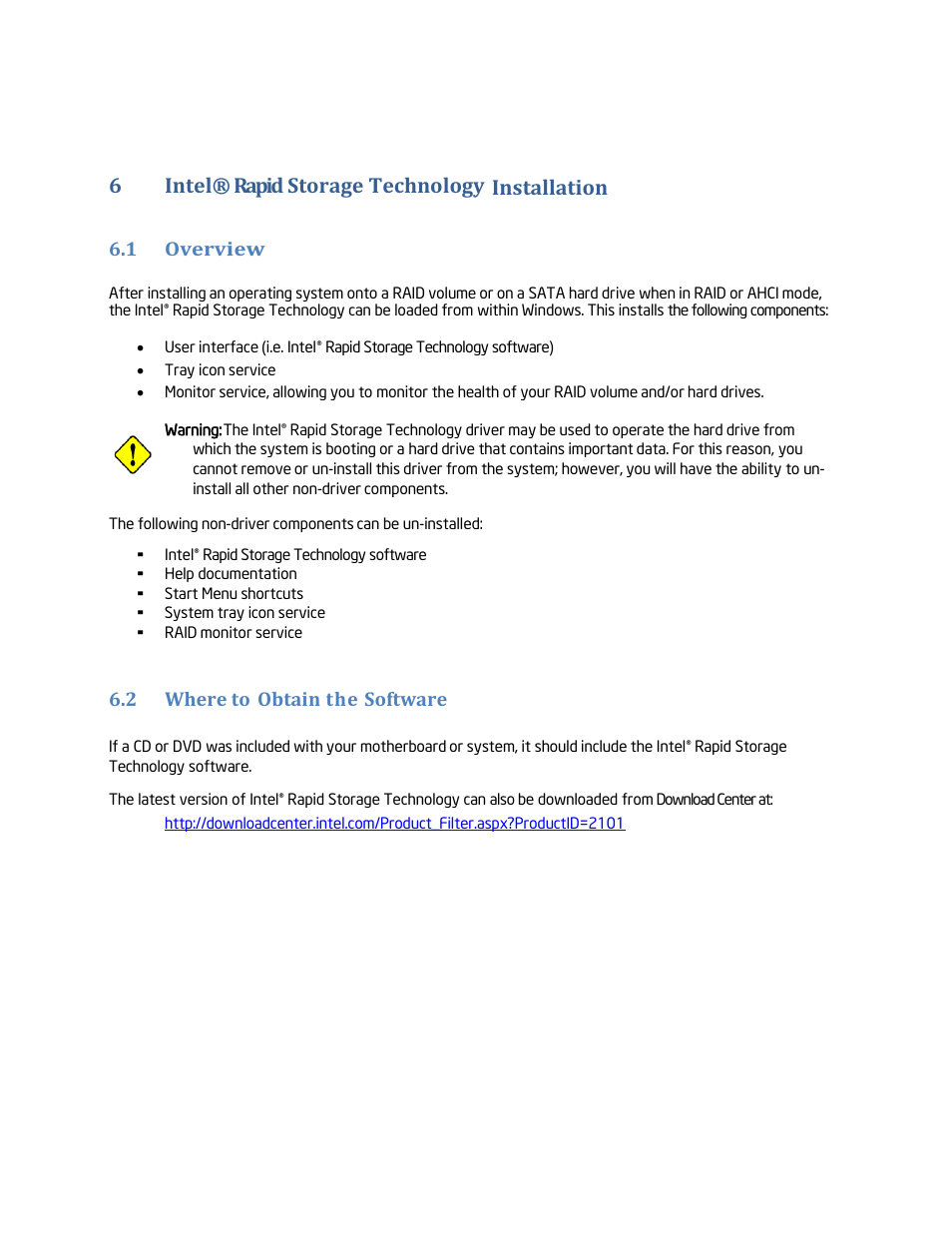 Intel® rapid storage technology installation, Overview, Where to obtain the software | 6intel® rapid storage technology installation | chiliGREEN Home Server: Intel Rapid Storage Technology User Manual | Page 24 / 36