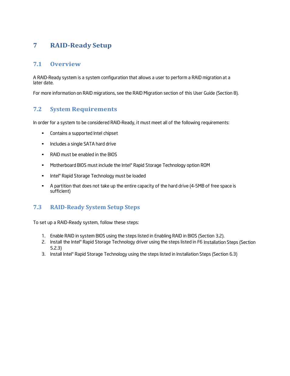 Raid-ready setup, Overview, System requirements | Raid-ready system setup steps, 7raid-ready setup, 1 overview, 2 system requirements, 3 raid-ready system setup steps | chiliGREEN Home Server: Intel Rapid Storage Technology User Manual | Page 29 / 36