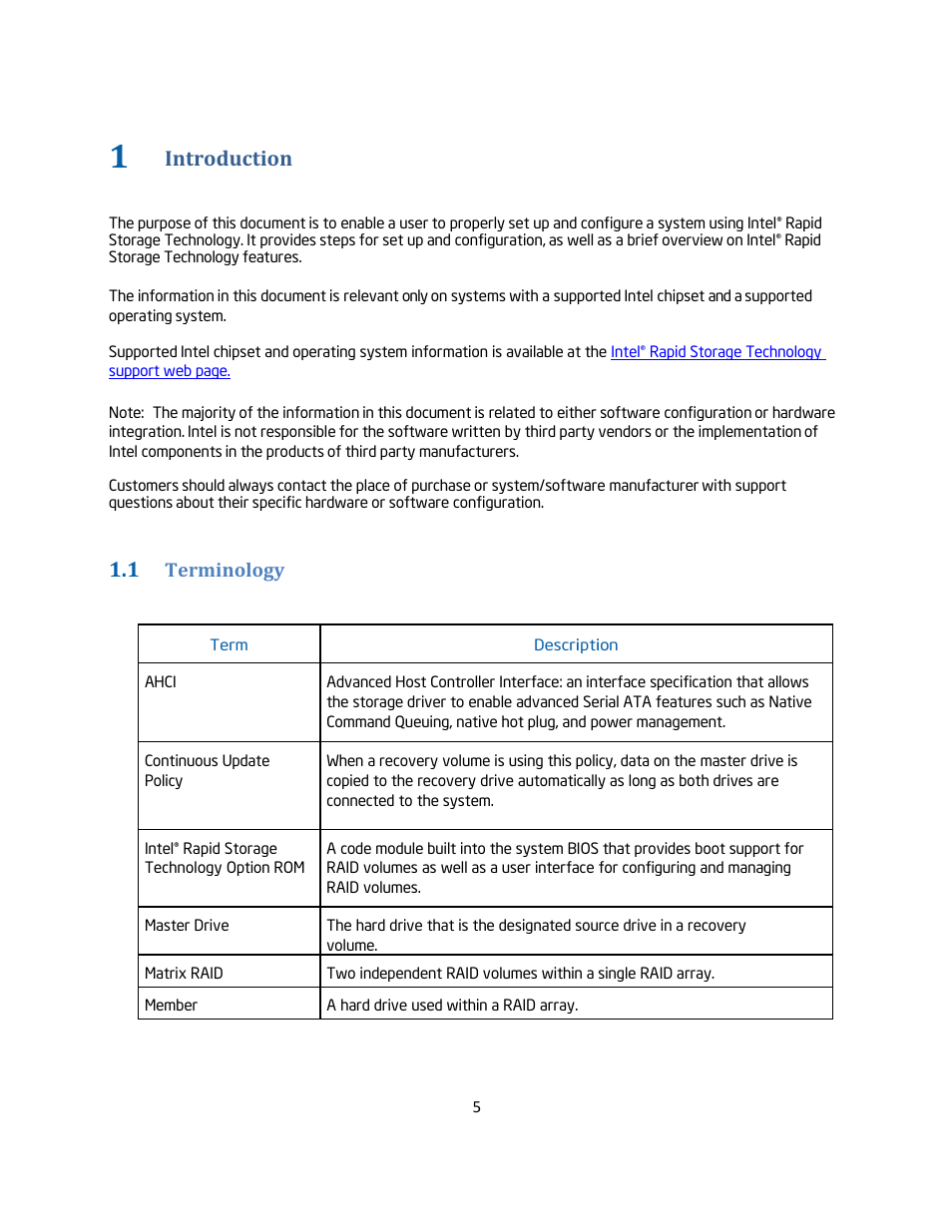 Introduction, Terminology | chiliGREEN Home Server: Intel Rapid Storage Technology User Manual | Page 5 / 36
