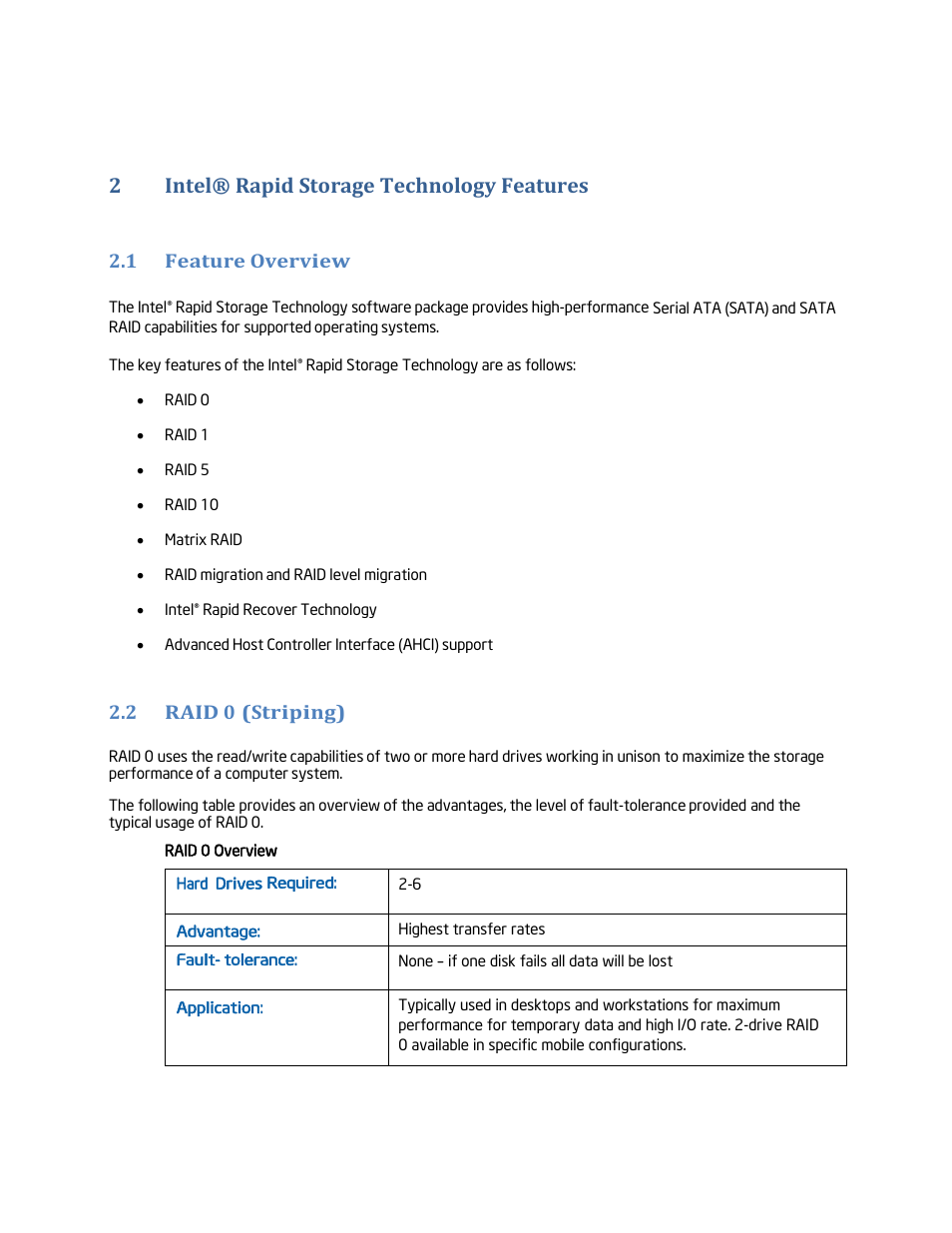 Intel® rapid storage technology features, Feature overview, Raid 0 (striping) | 2intel® rapid storage technology features, 1 feature overview, 2 raid 0 (striping) | chiliGREEN Home Server: Intel Rapid Storage Technology User Manual | Page 8 / 36