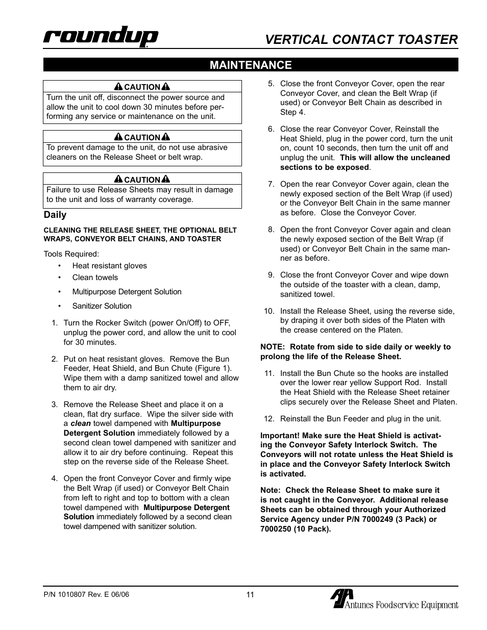 Maintenance, Daily, Vertical contact toaster | Antunes, AJ VCT-1000 User Manual | Page 11 / 24