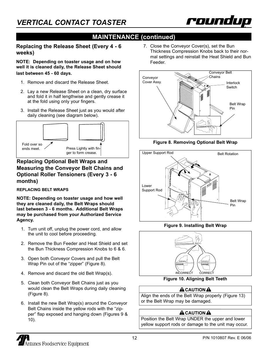 Replacing the release sheet (every 4 - 6 weeks), Replacing the release sheet (every 4 - 6 weeks) 12, Replacing optional belt wraps and measuring the | Every 3 - 6 months), Vertical contact toaster, Maintenance (continued) | Antunes, AJ VCT-1000 User Manual | Page 12 / 24