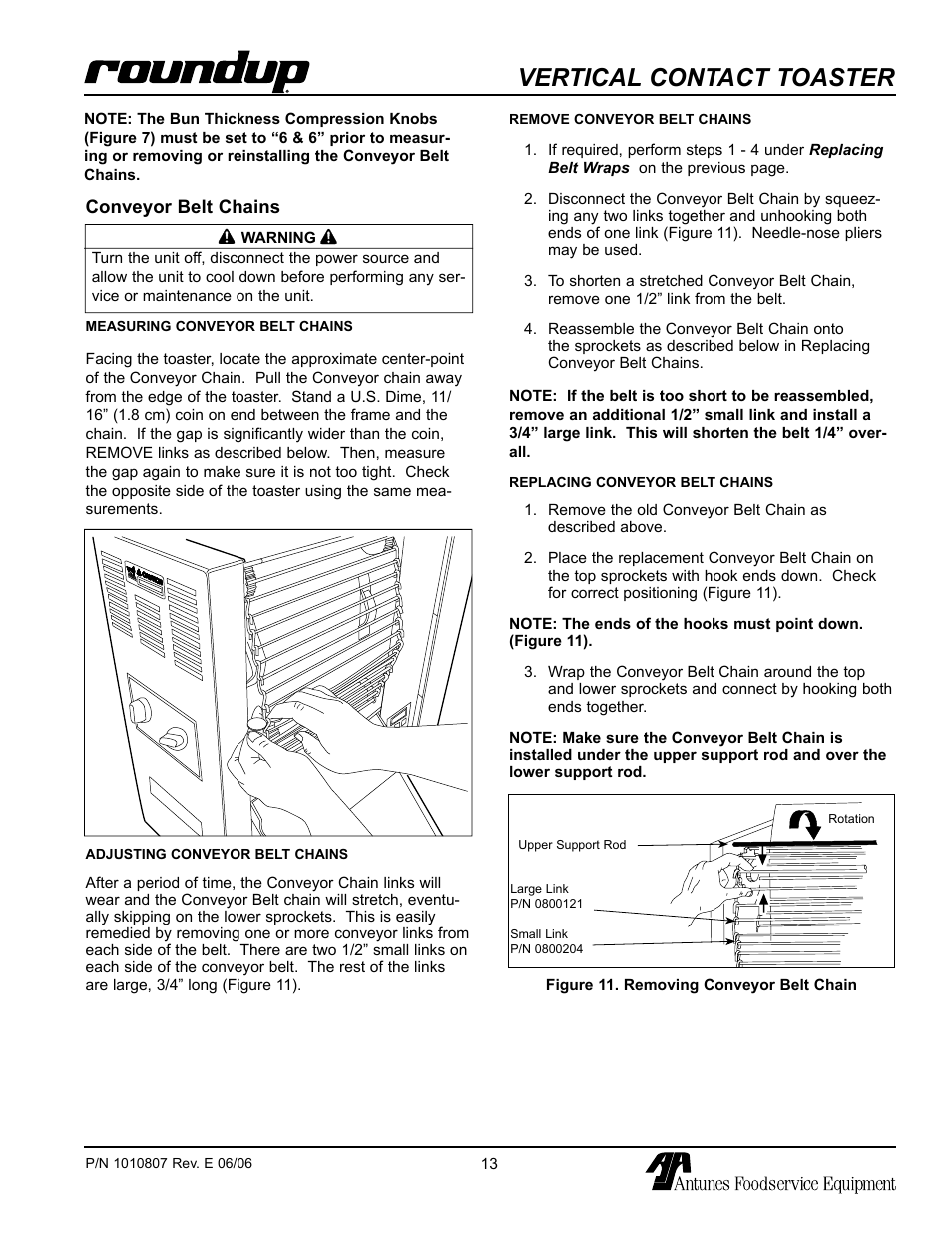 Conveyor belt chains, Adjusting conveyor belt chains, Vertical contact toaster | Antunes, AJ VCT-1000 User Manual | Page 13 / 24