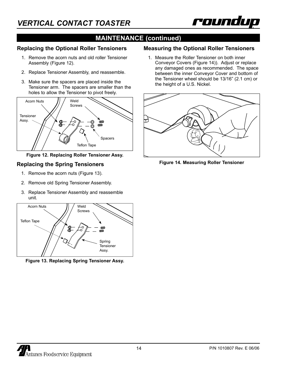 Replacing the optional roller tensioners, Replacing the spring tensioners, Measuring the optional roller tensioners | Vertical contact toaster, Maintenance (continued) | Antunes, AJ VCT-1000 User Manual | Page 14 / 24