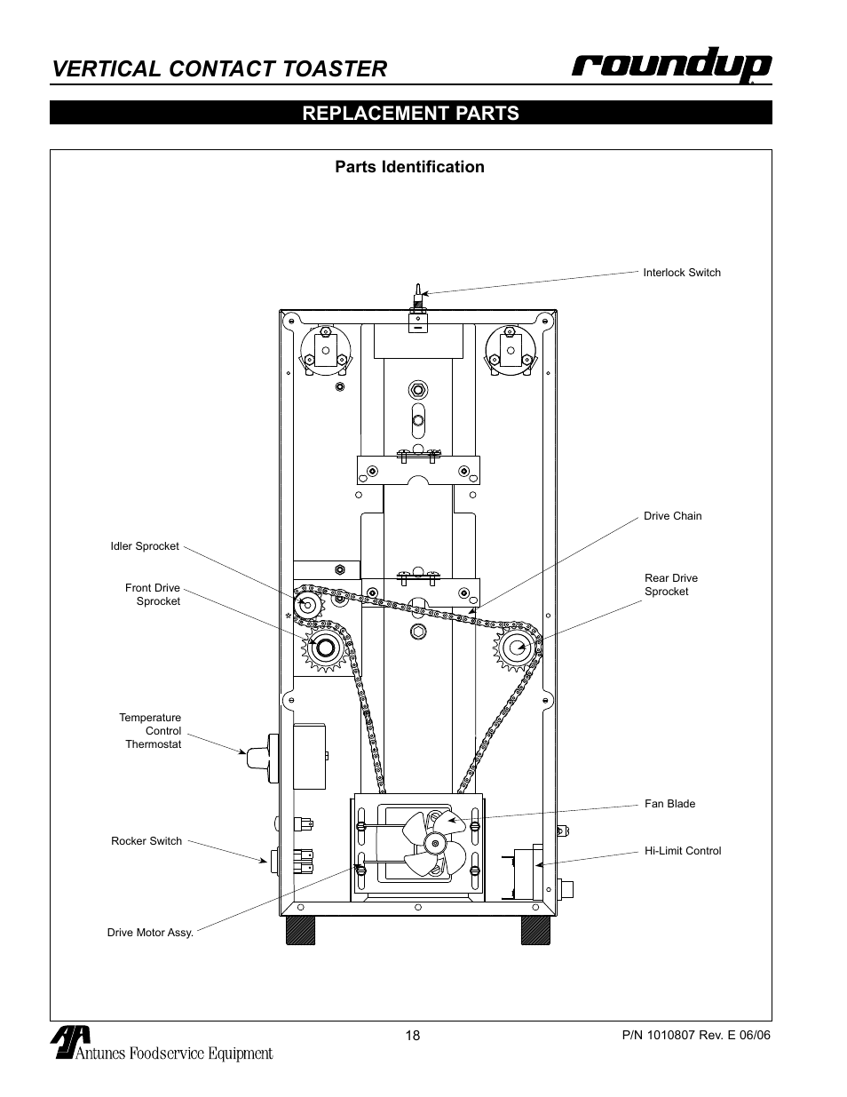 Replacement parts, Vertical contact toaster, Parts identification | Antunes, AJ VCT-1000 User Manual | Page 18 / 24