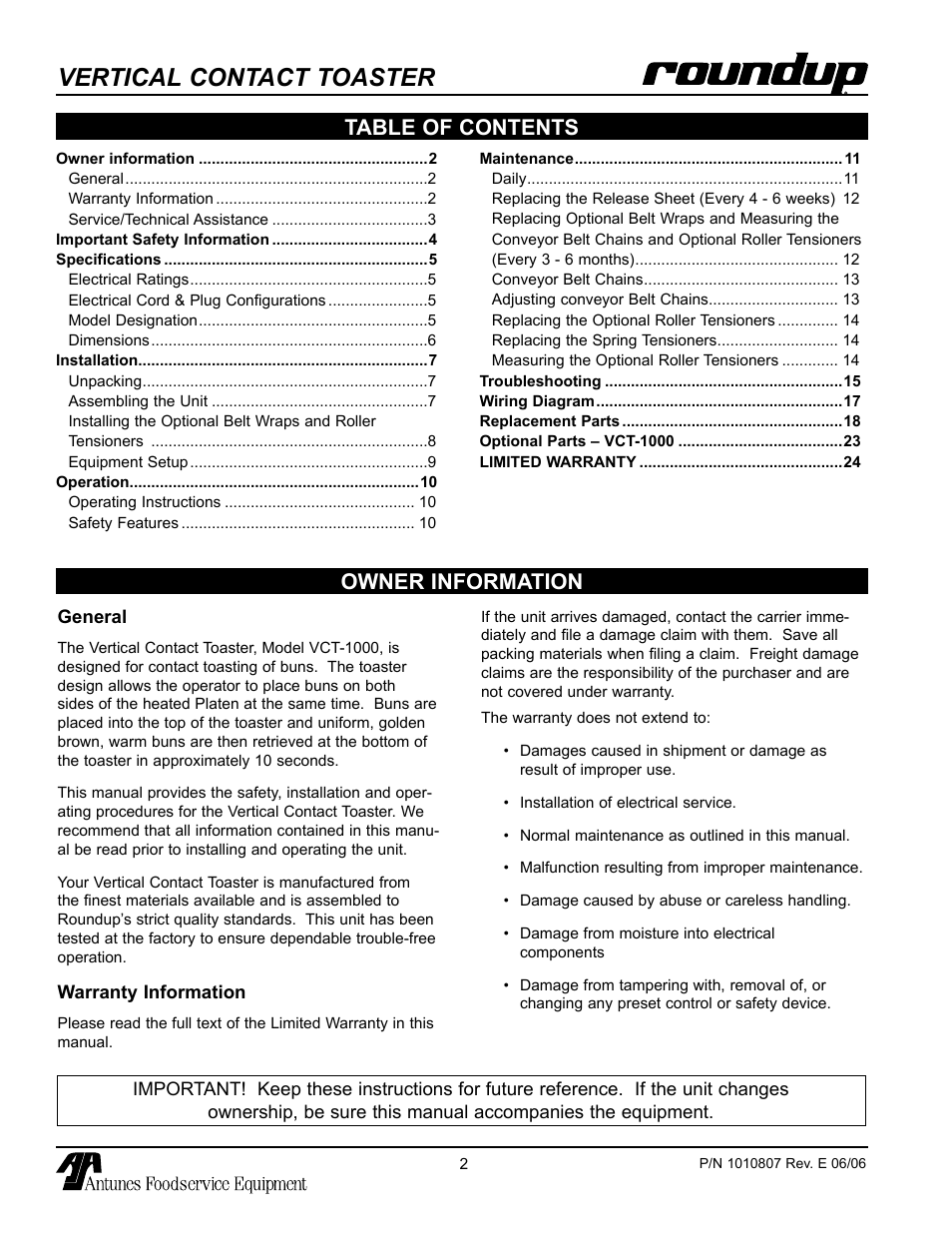 Owner information, General, Warranty information | Vertical contact toaster, Owner information table of contents | Antunes, AJ VCT-1000 User Manual | Page 2 / 24