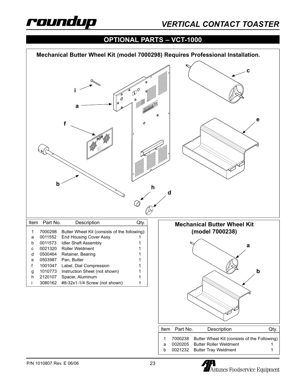 Optional parts – vct-1000, Vertical contact toaster | Antunes, AJ VCT-1000 User Manual | Page 23 / 24