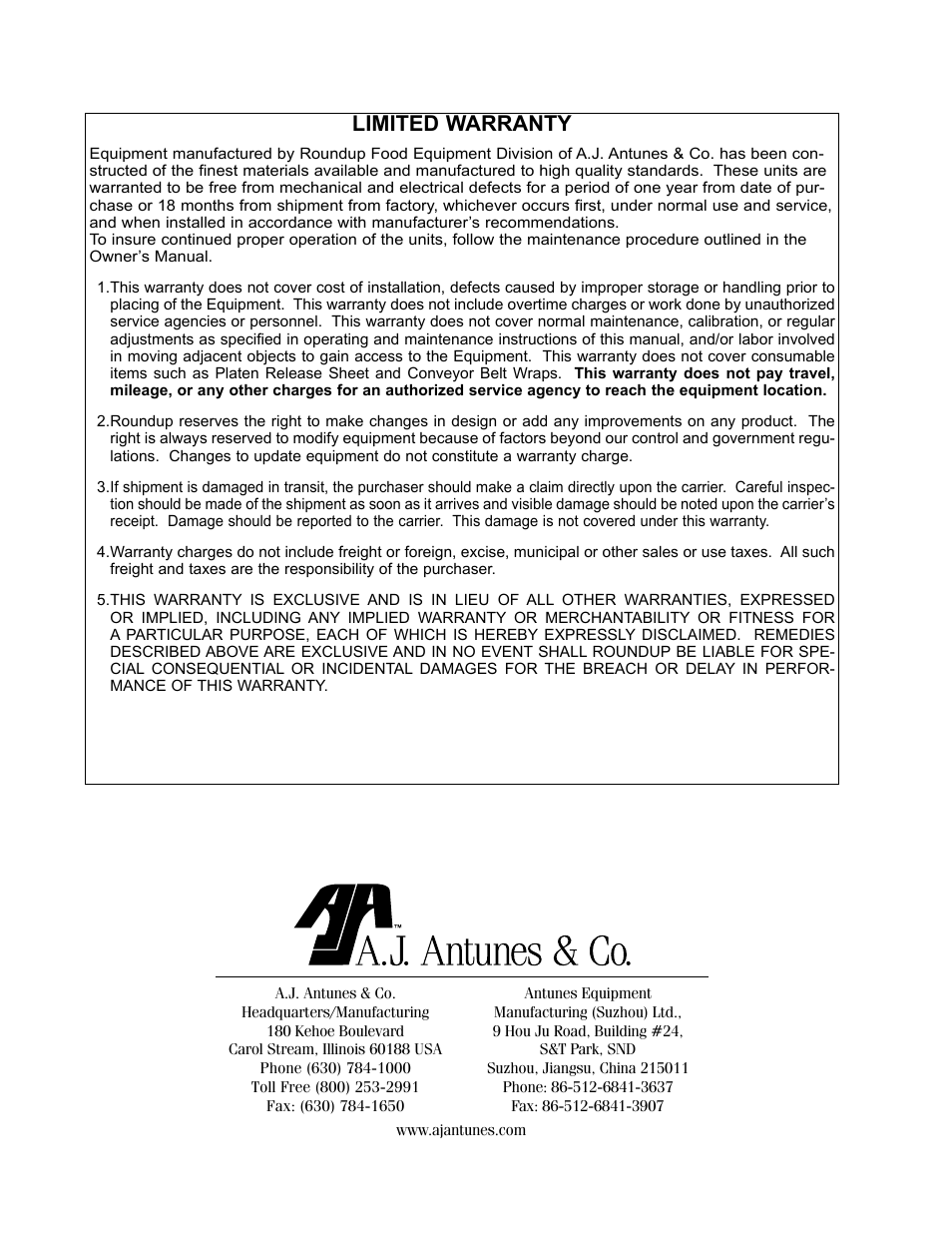 Limited warranty | Antunes, AJ VCT-1000 User Manual | Page 24 / 24