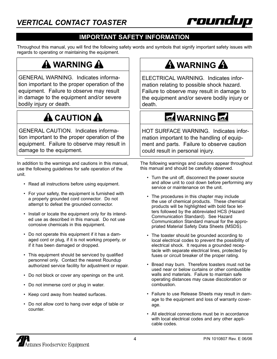 Important safety information, Warning, Caution | Vertical contact toaster | Antunes, AJ VCT-1000 User Manual | Page 4 / 24