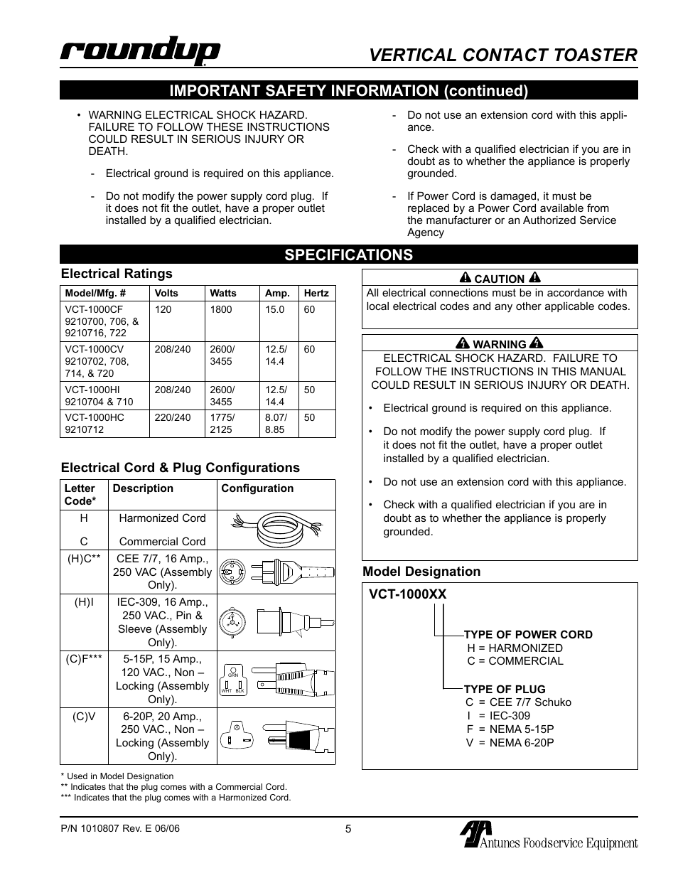 Specifications, Electrical ratings, Electrical cord & plug configurations | Model designation, Vertical contact toaster, Important safety information (continued) | Antunes, AJ VCT-1000 User Manual | Page 5 / 24