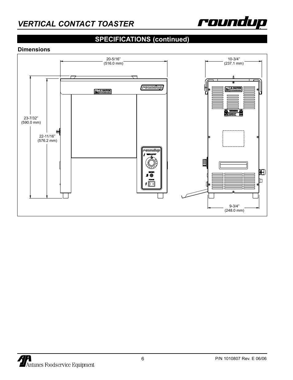 Dimensions, Vertical contact toaster, Specifications (continued) | Antunes, AJ VCT-1000 User Manual | Page 6 / 24