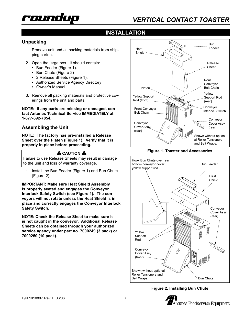 Installation, Unpacking, Assembling the unit | Vertical contact toaster | Antunes, AJ VCT-1000 User Manual | Page 7 / 24