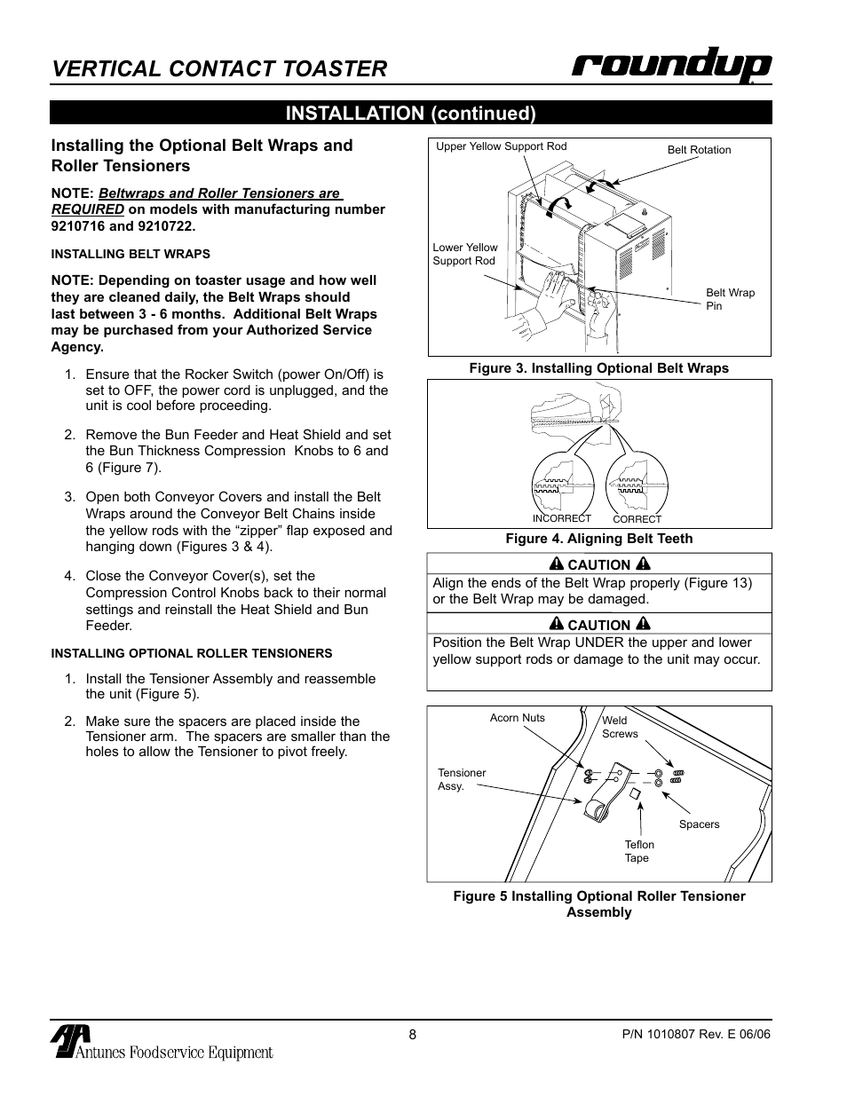 Installing the optional belt wraps and roller, Tensioners, Vertical contact toaster | Installation (continued) | Antunes, AJ VCT-1000 User Manual | Page 8 / 24