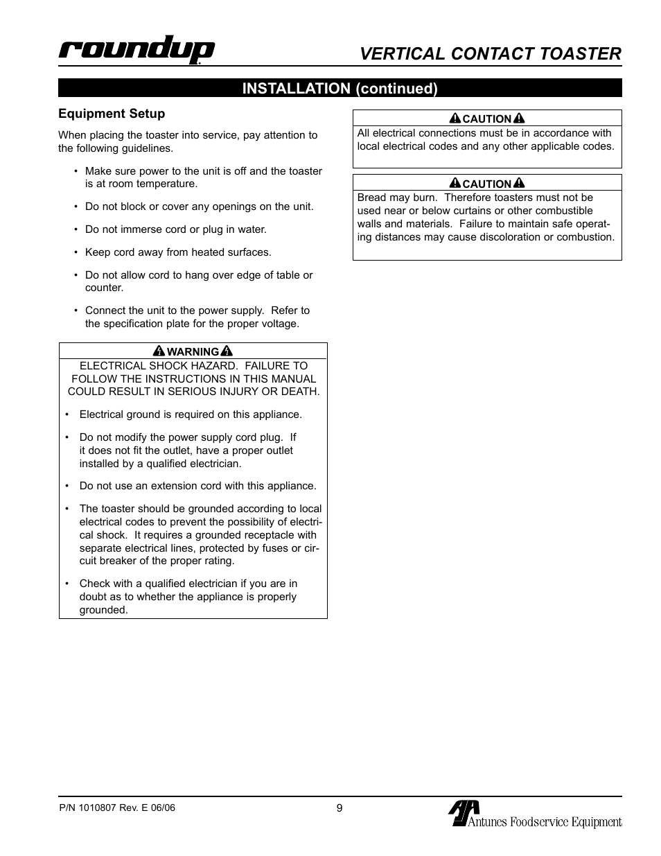 Equipment setup, Vertical contact toaster, Installation (continued) | Antunes, AJ VCT-1000 User Manual | Page 9 / 24