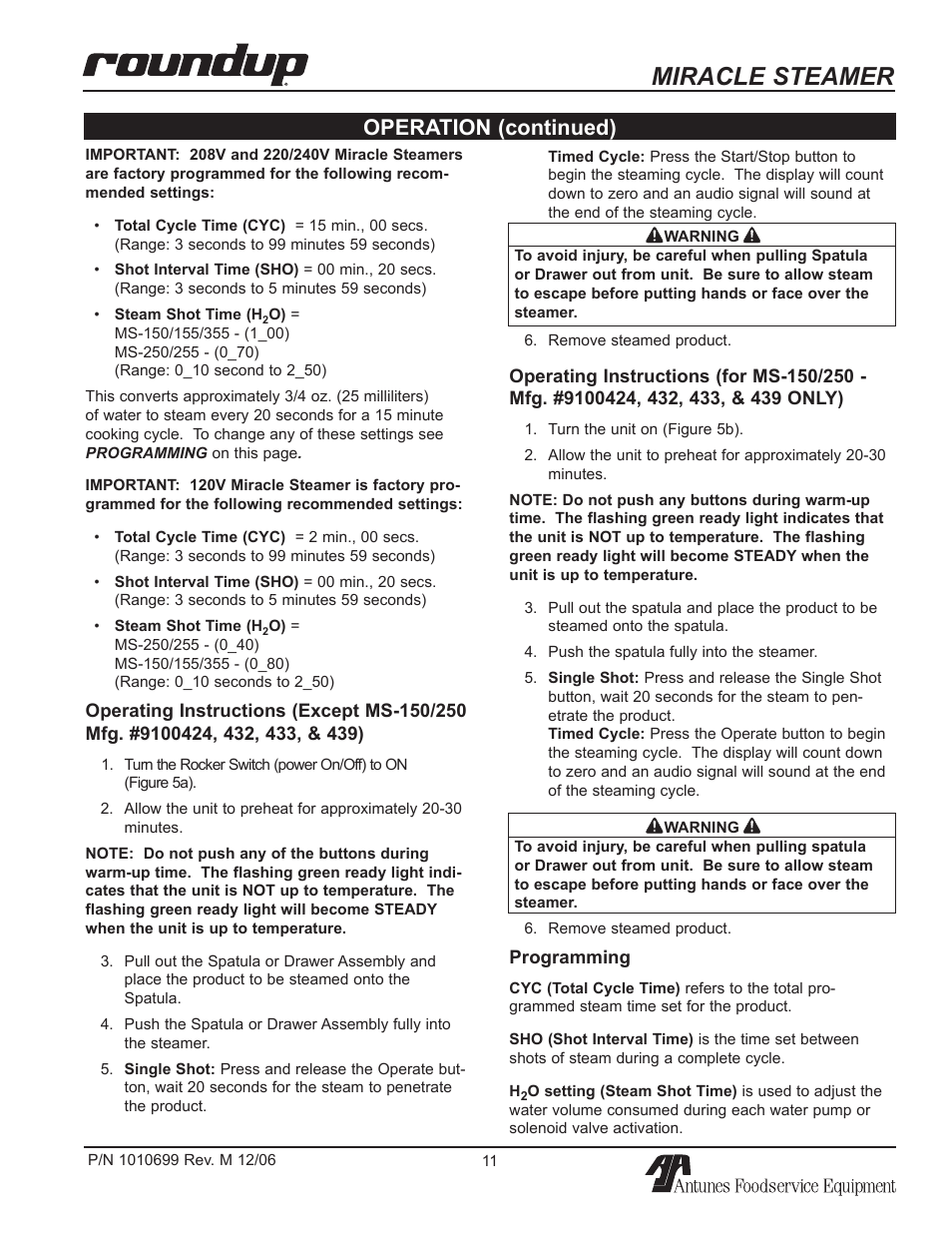 Miracle steamer, Operation (continued) | Antunes, AJ MS-150/155 User Manual | Page 11 / 32