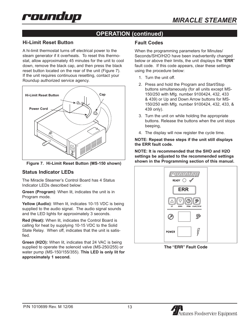 Miracle steamer, Operation (continued), Hi-limit reset button | Fault codes, Status indicator leds | Antunes, AJ MS-150/155 User Manual | Page 13 / 32