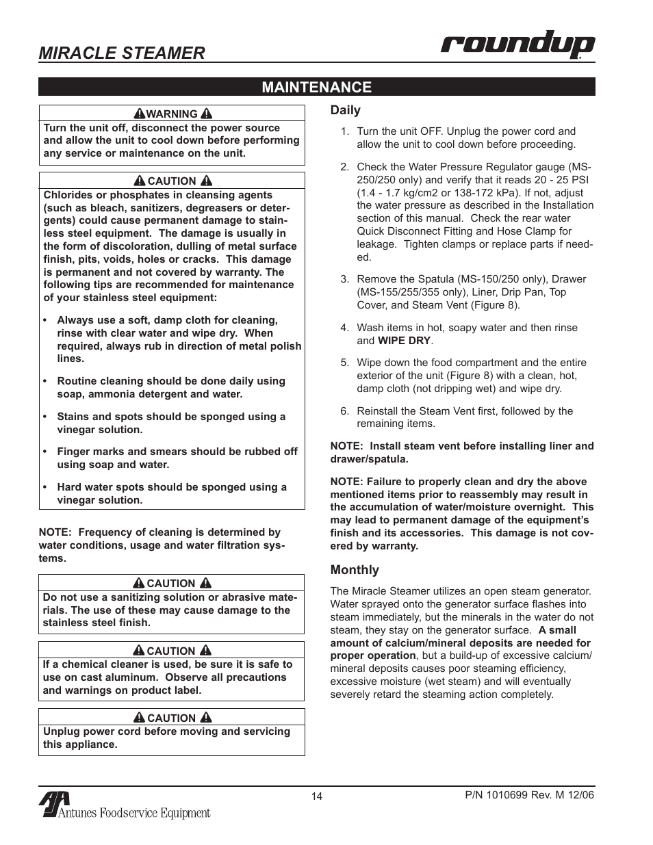 Miracle steamer, Maintenance | Antunes, AJ MS-150/155 User Manual | Page 14 / 32