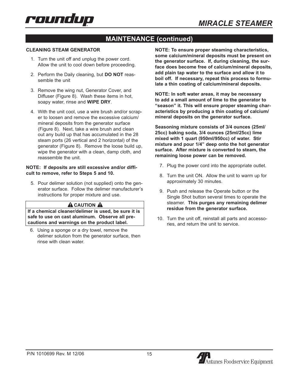 Miracle steamer, Maintenance (continued) | Antunes, AJ MS-150/155 User Manual | Page 15 / 32
