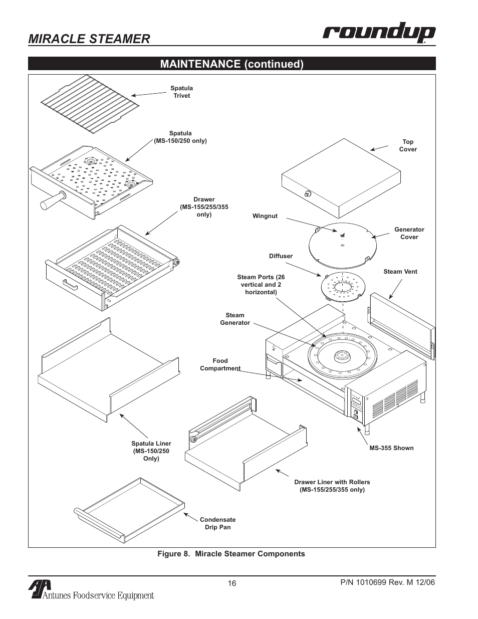 Miracle steamer, Maintenance (continued), Figure 8. miracle steamer components | Antunes, AJ MS-150/155 User Manual | Page 16 / 32