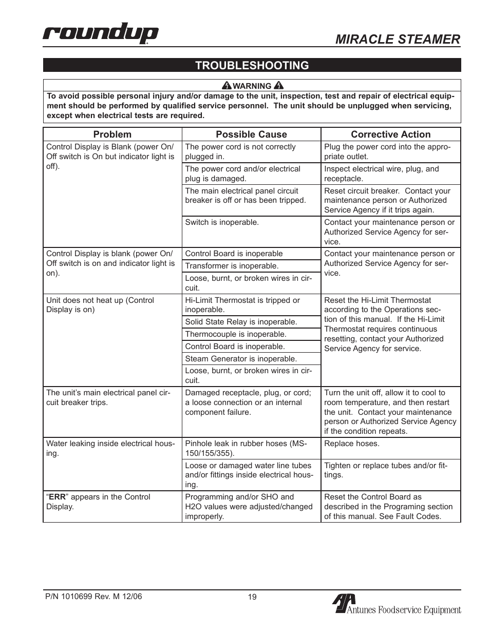 Miracle steamer, Troubleshooting | Antunes, AJ MS-150/155 User Manual | Page 19 / 32