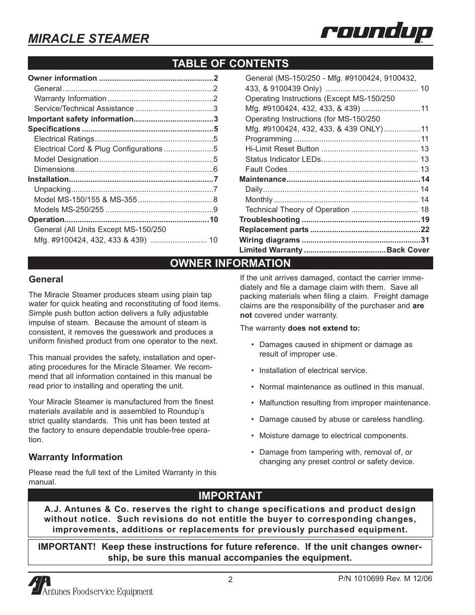 Miracle steamer, Owner information table of contents, Important | Antunes, AJ MS-150/155 User Manual | Page 2 / 32