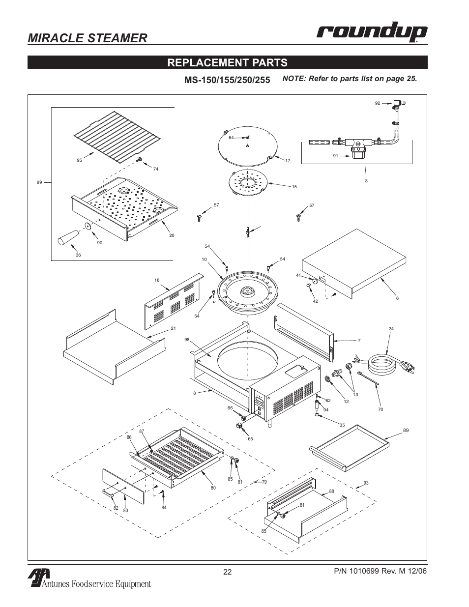 Miracle steamer, Replacement parts | Antunes, AJ MS-150/155 User Manual | Page 22 / 32