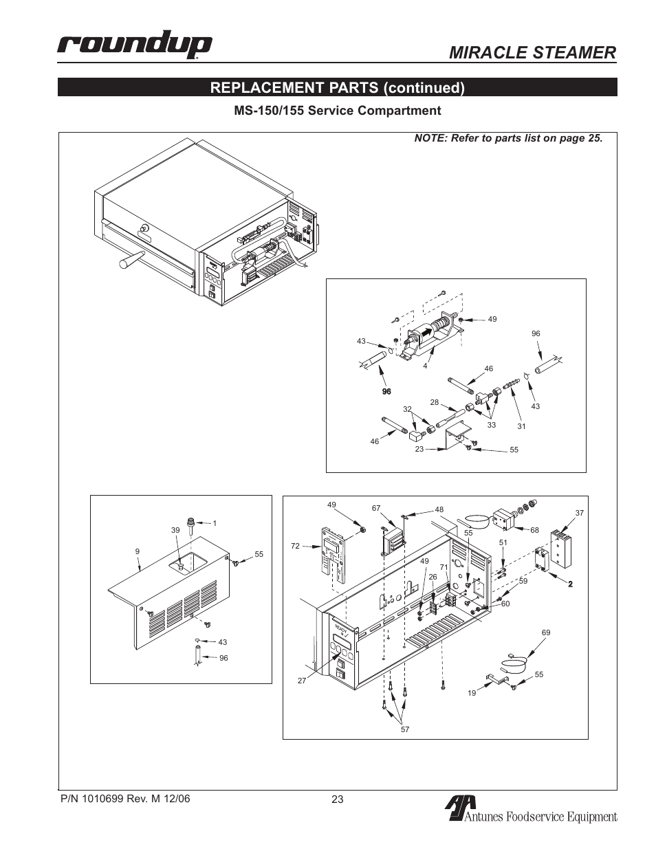 Miracle steamer, Replacement parts (continued) | Antunes, AJ MS-150/155 User Manual | Page 23 / 32