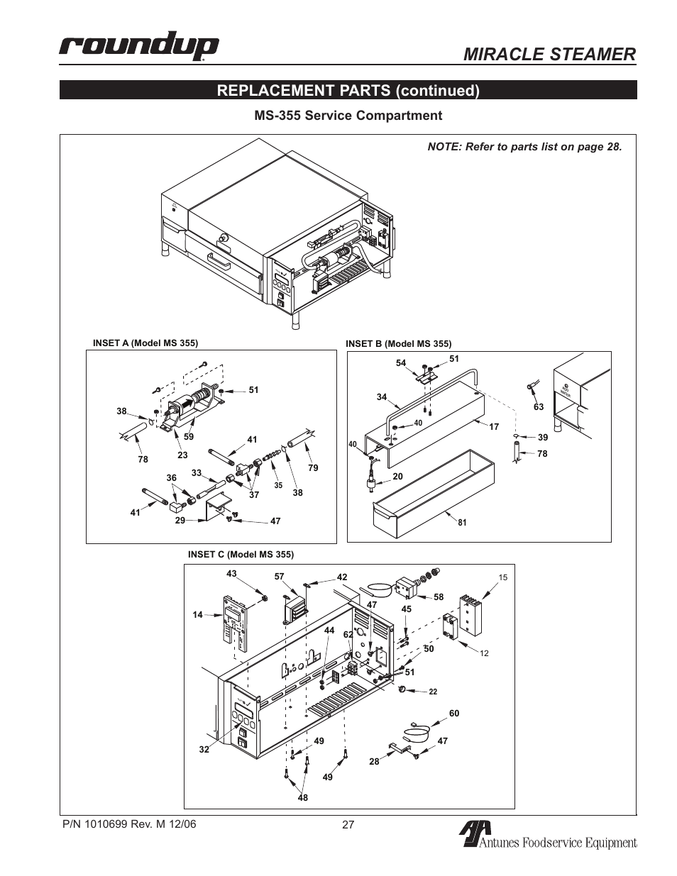 Miracle steamer, Replacement parts (continued), Ms-355 service compartment | Antunes, AJ MS-150/155 User Manual | Page 27 / 32