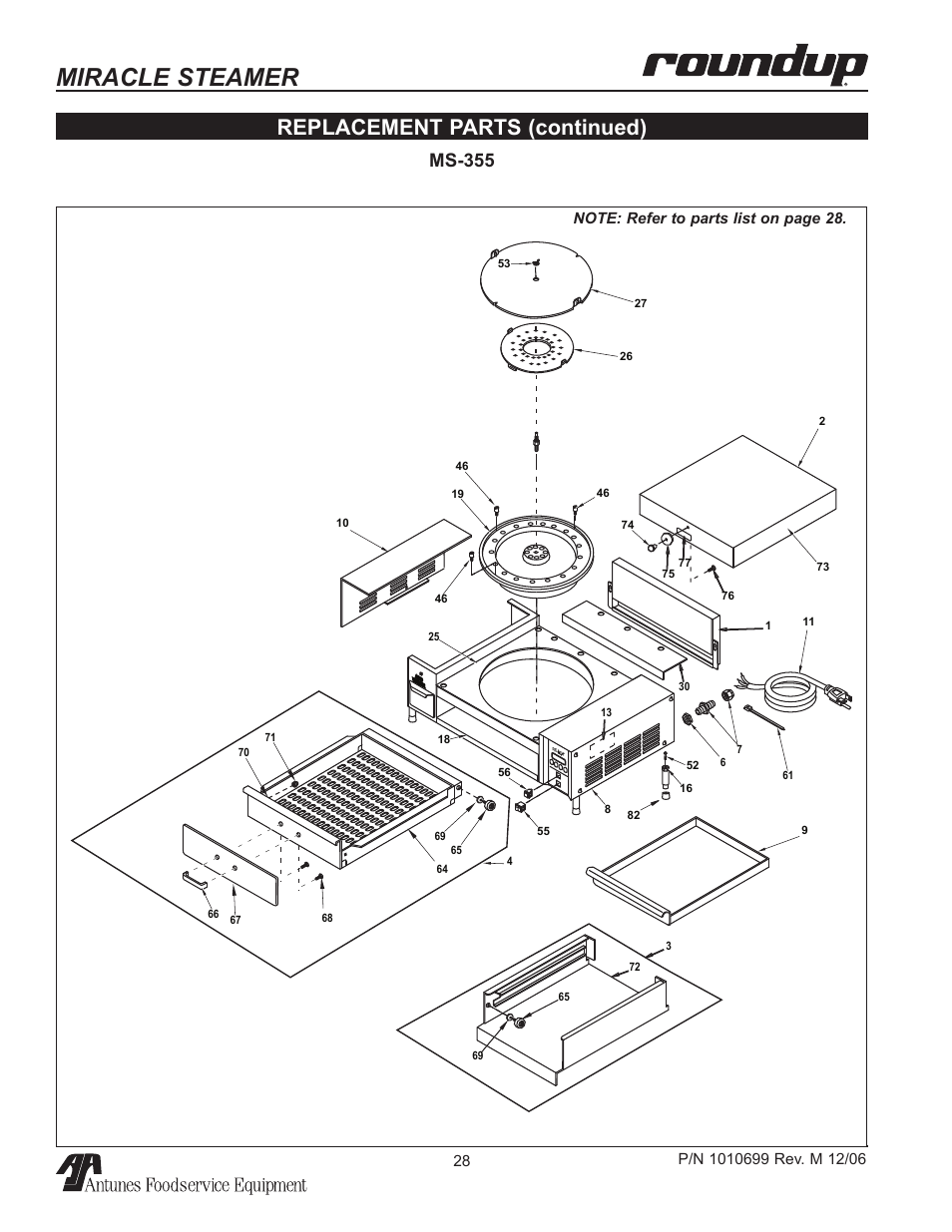 Miracle steamer, Replacement parts (continued), Ms-355 | Antunes, AJ MS-150/155 User Manual | Page 28 / 32