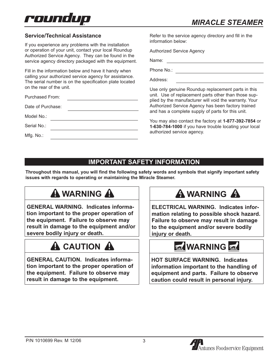 Warning, Caution, Miracle steamer | Important safety information | Antunes, AJ MS-150/155 User Manual | Page 3 / 32