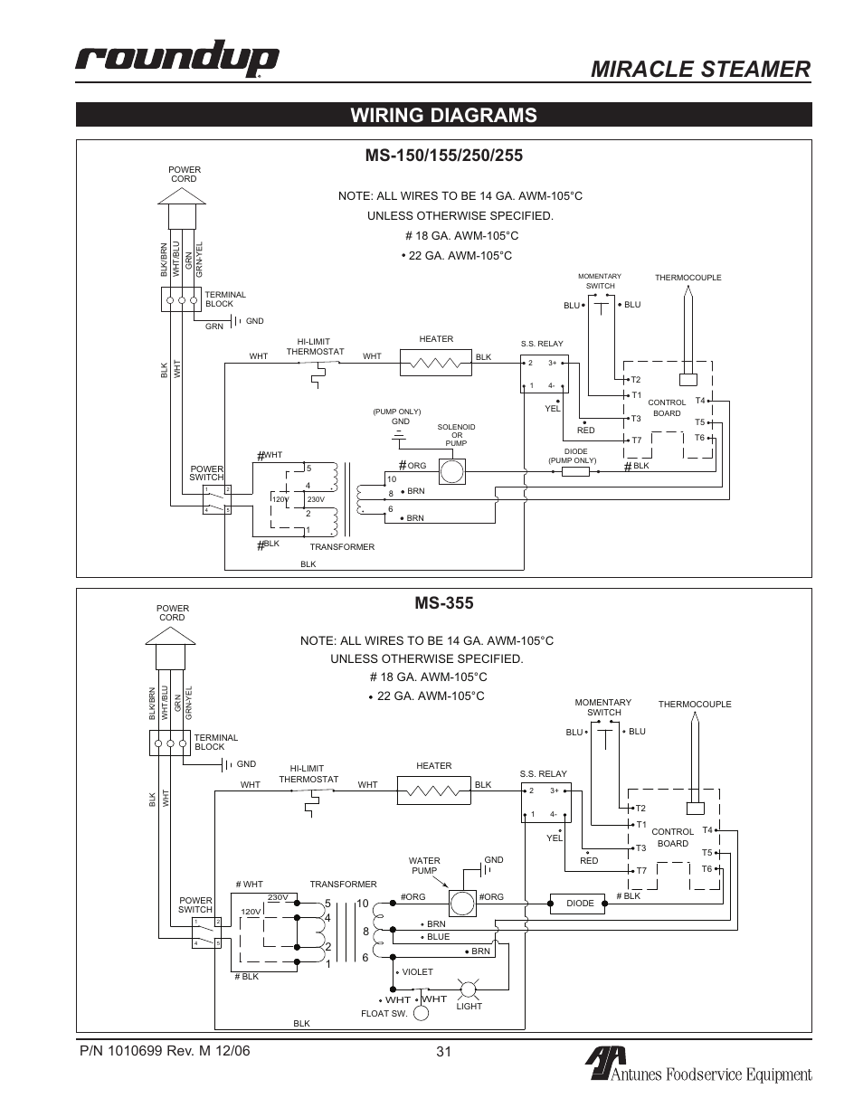 Miracle steamer, Wiring diagrams | Antunes, AJ MS-150/155 User Manual | Page 31 / 32