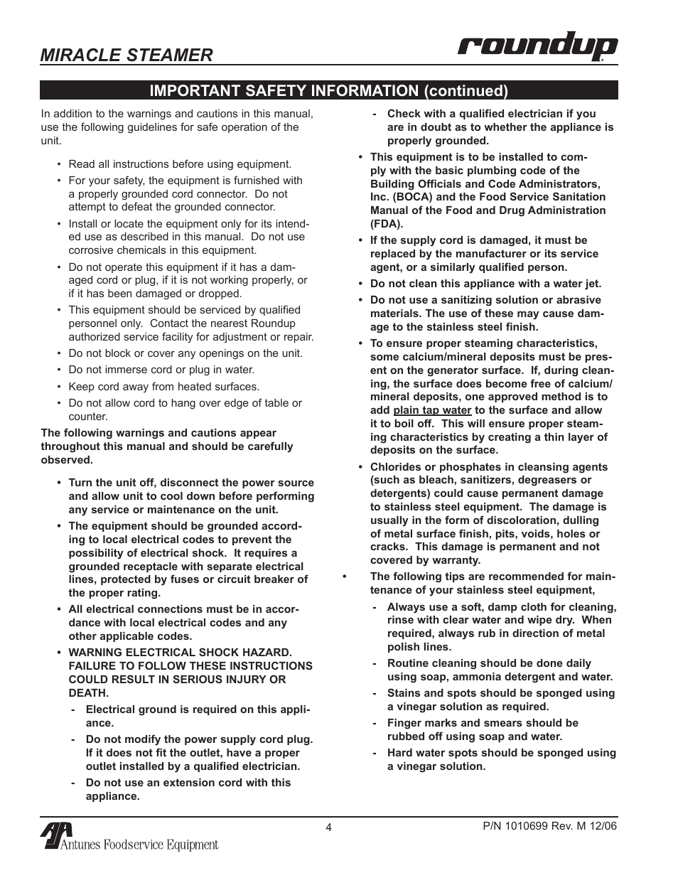 Miracle steamer, Important safety information (continued) | Antunes, AJ MS-150/155 User Manual | Page 4 / 32