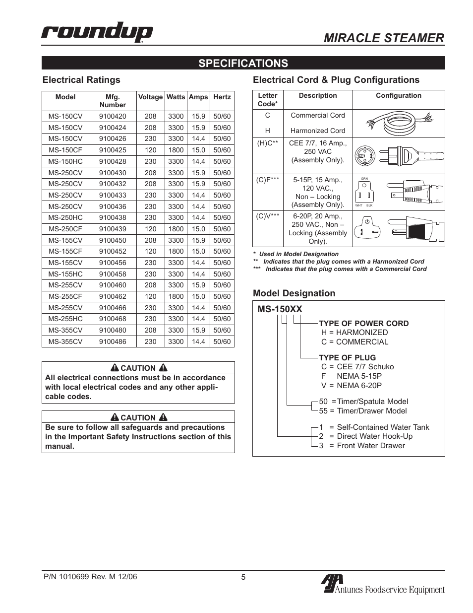 Miracle steamer, Specifications, Electrical ratings | Electrical cord & plug configurations, Model designation, Ms-150xx | Antunes, AJ MS-150/155 User Manual | Page 5 / 32