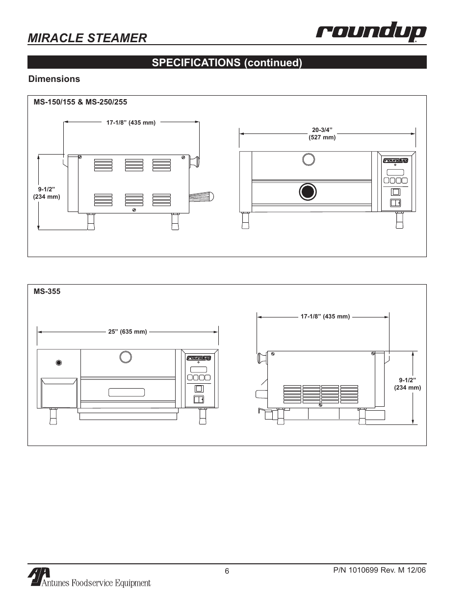 Miracle steamer, Specifications (continued), Dimensions | Antunes, AJ MS-150/155 User Manual | Page 6 / 32