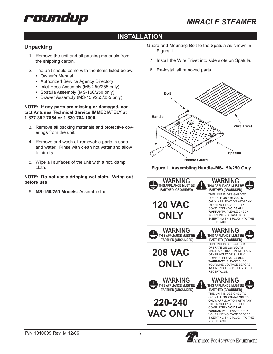 240 vac only, Miracle steamer, Warning | Installation | Antunes, AJ MS-150/155 User Manual | Page 7 / 32