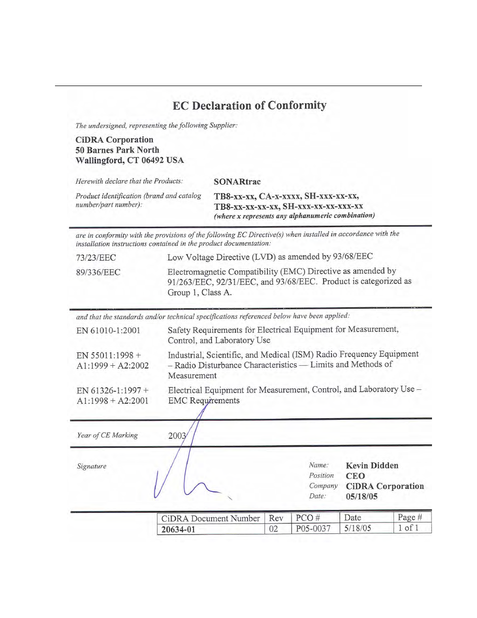 Appendix b sonartrac, Ec declaration of conformity ........... b-1, Ec declaration of conformity | CiDRA GVF-100 Gas Volume Fraction Monitoring System User Manual | Page 110 / 126