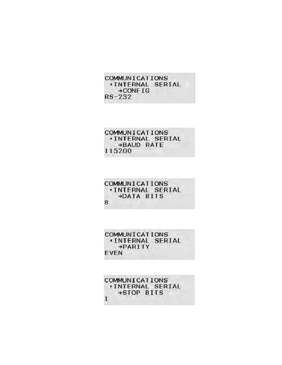 3 transmitter menus, 1 serial settings, Transmitter menus -6 | Serial settings -6, Figure 1, Rs-232 / rs-485 configuration -6, Figure 2, Baud rate -6, Figure 3, Data bits -6 | CiDRA Passive Sonar Transmitters User Manual | Page 9 / 44