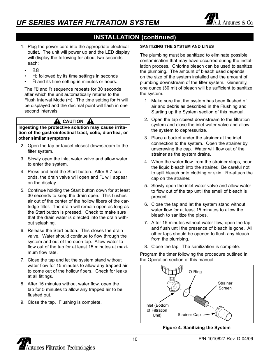 Uf series water filtration system, Installation (continued) | Antunes, AJ UF-420/440 User Manual | Page 10 / 18