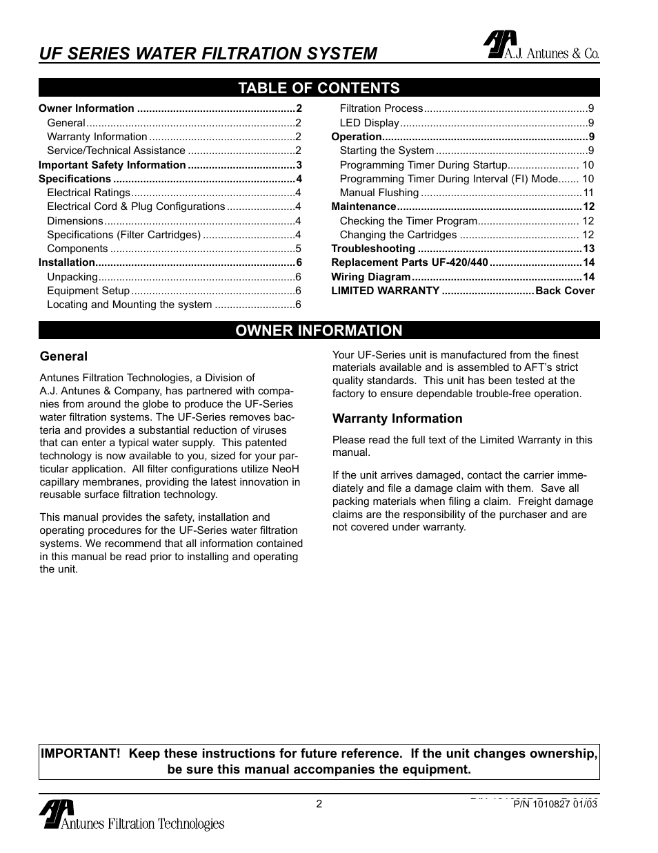 Owner information, General, Warranty information | Service/technical assistance, Uf series water filtration system, Owner information table of contents | Antunes, AJ UF-420/440 User Manual | Page 2 / 18