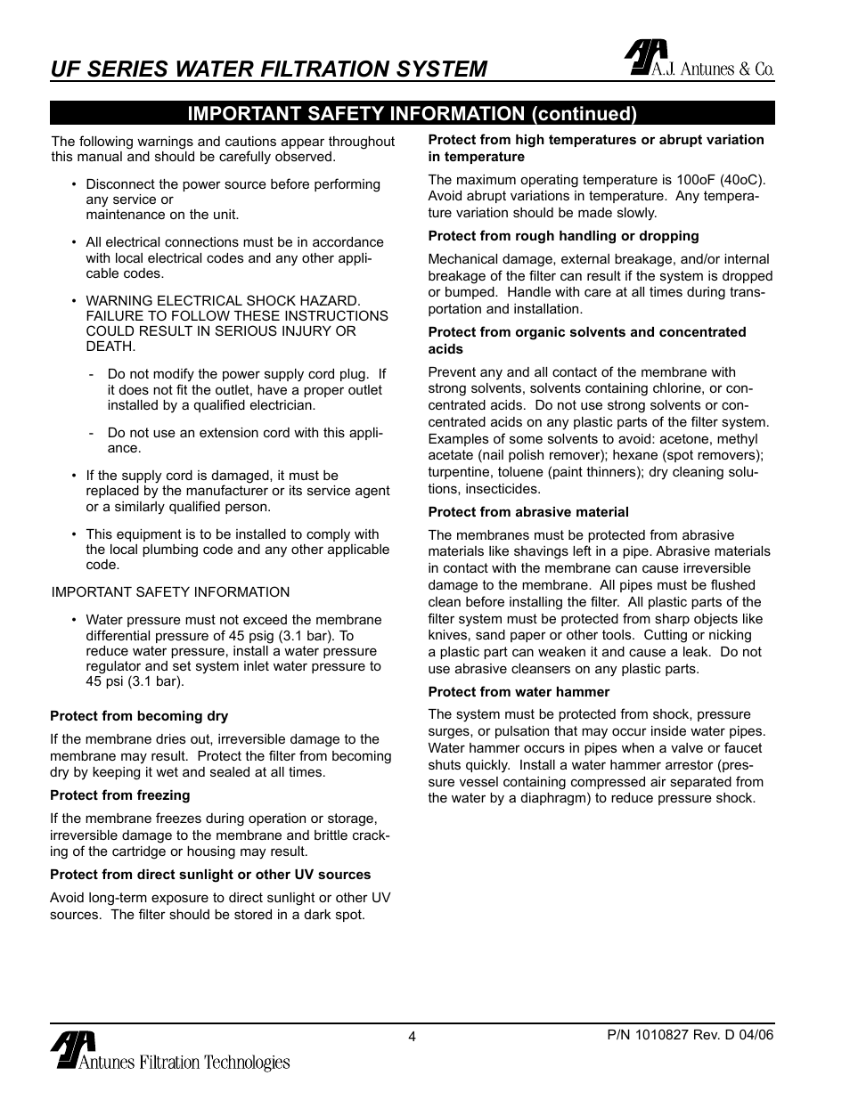 Important safety information, Uf series water filtration system, Important safety information (continued) | Antunes, AJ UF-420/440 User Manual | Page 4 / 18