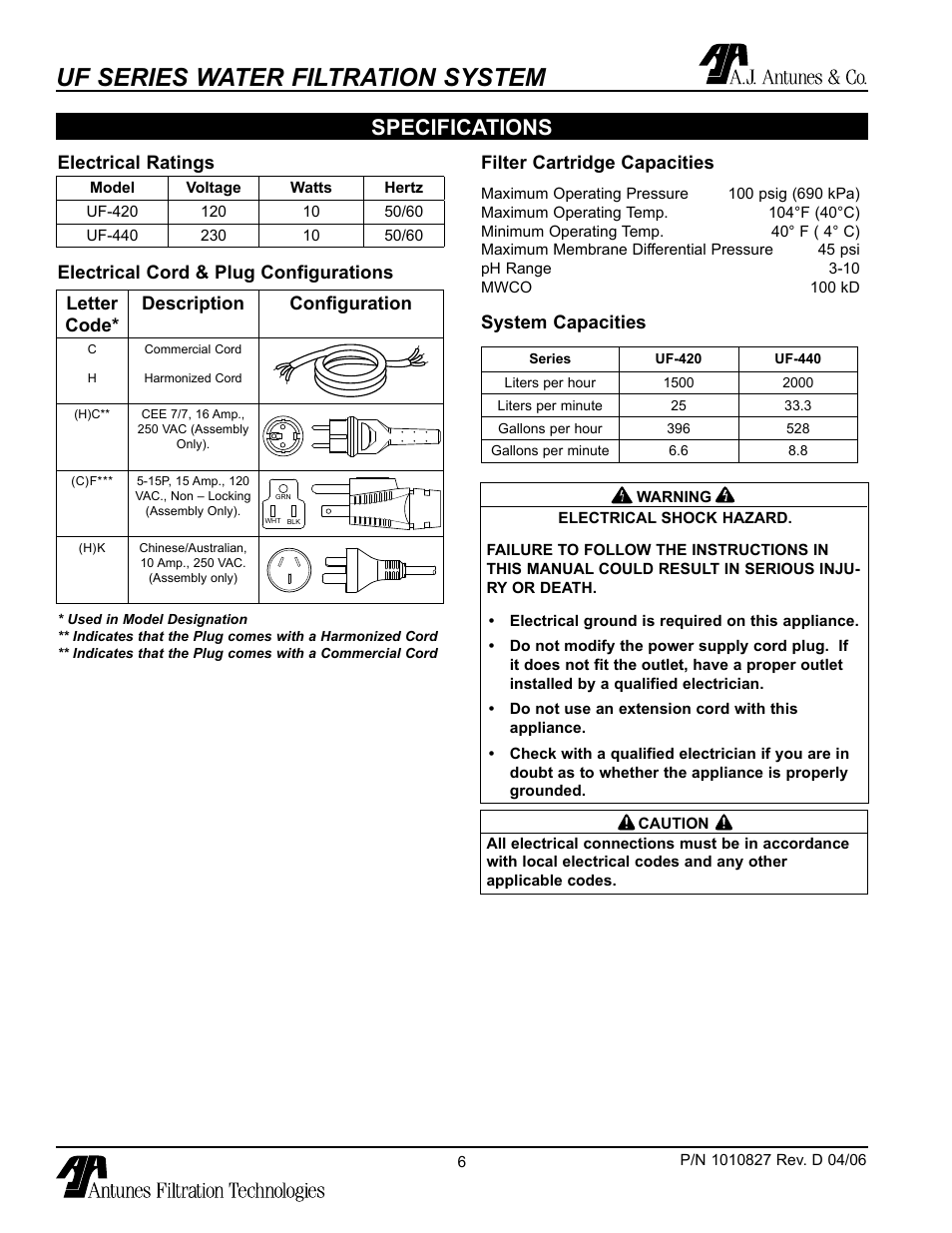 Electrical cord & plug configurations, Specifications, Electrical ratings | Dimensions, Specifications (filter cartridges), Uf series water filtration system, Filter cartridge capacities, System capacities | Antunes, AJ UF-420/440 User Manual | Page 6 / 18