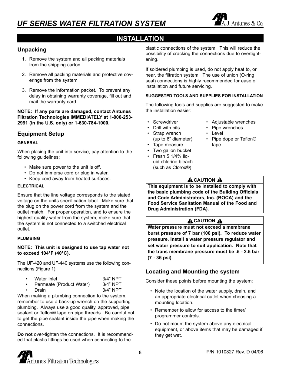 Installation, Unpacking, Equipment setup | Locating and mounting the system, Uf series water filtration system | Antunes, AJ UF-420/440 User Manual | Page 8 / 18