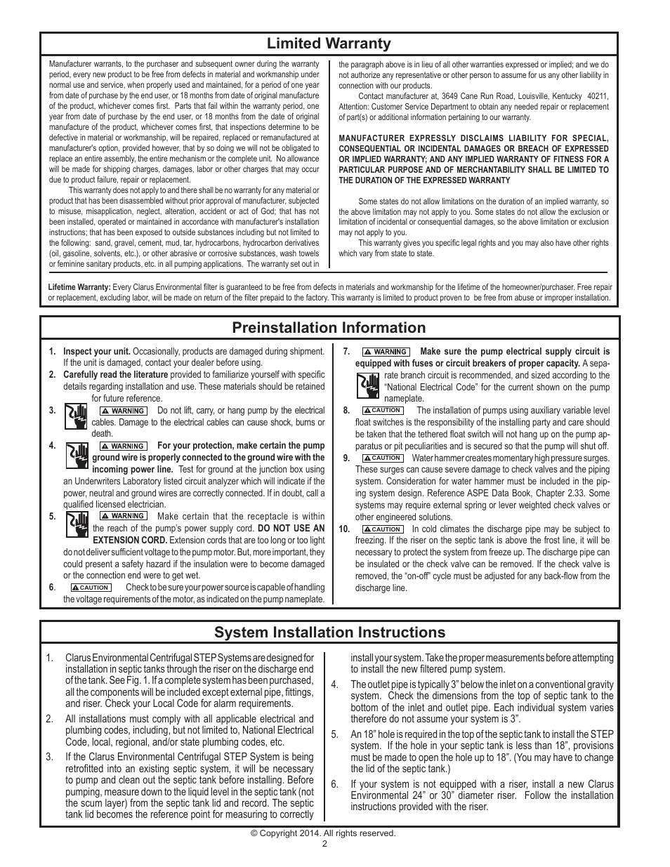 Limited warranty, Preinstallation information, System installation instructions | Clarus Environmental Centrifugal STEP Systems User Manual | Page 2 / 8