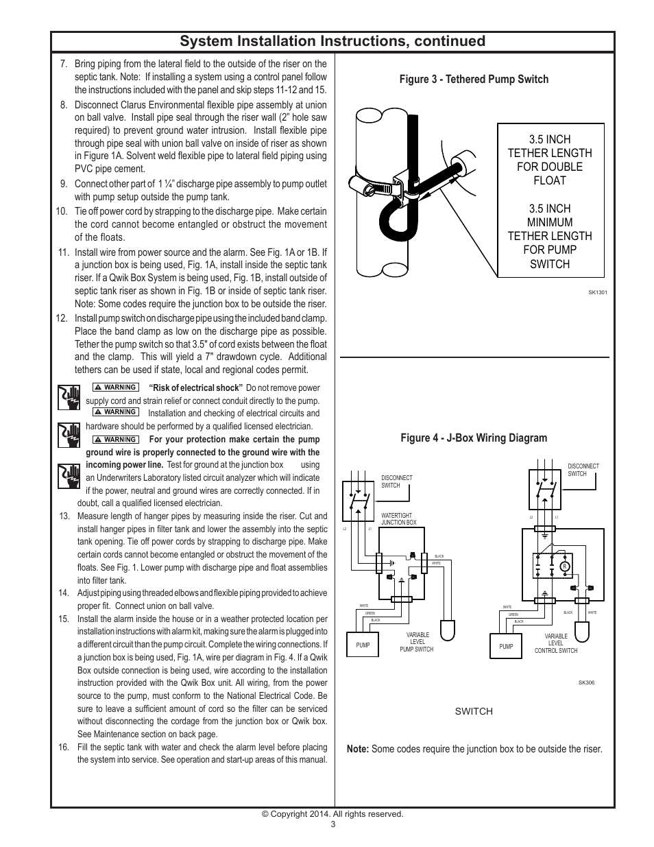 System installation instructions, continued, Figure 3 - tethered pump switch, Figure 4 - j-box wiring diagram | Clarus Environmental Centrifugal STEP Systems User Manual | Page 3 / 8