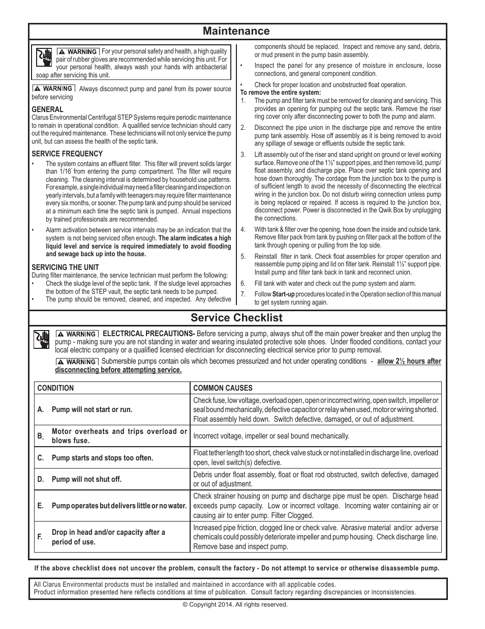 Maintenance, Service checklist | Clarus Environmental Centrifugal STEP Systems User Manual | Page 8 / 8