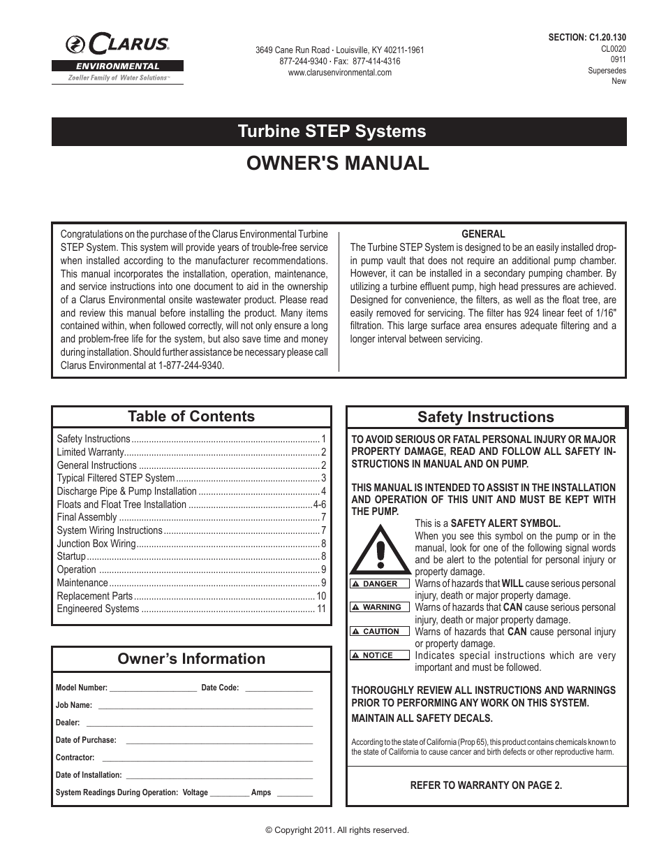 Clarus Environmental Turbine STEP Systems User Manual | 12 pages